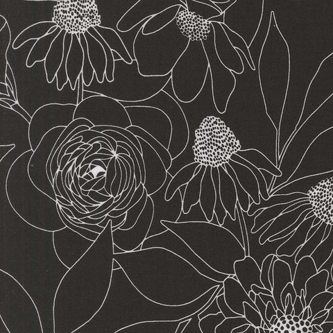 White floral outlines on a black background
