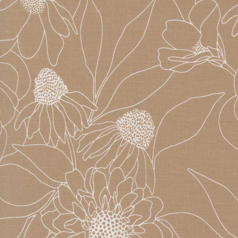 White floral outlines on a brown background