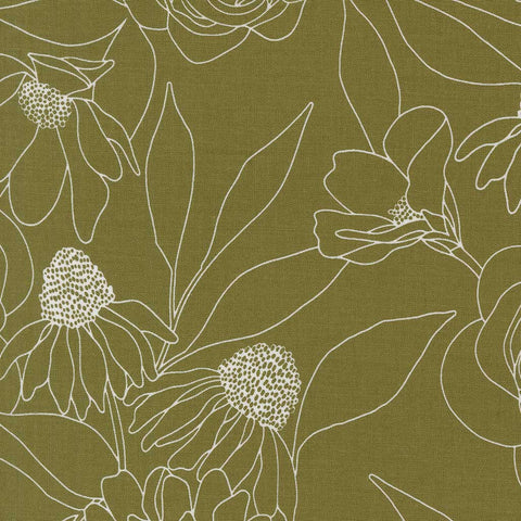 White floral outlines on a green background