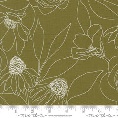 White floral outlines on a green background with ruler