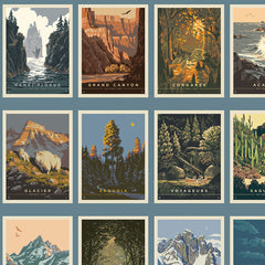 National Parks Postcards Blue Cotton Fabric