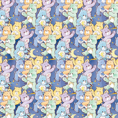 Pattern of colorful Care Bears on a blue background