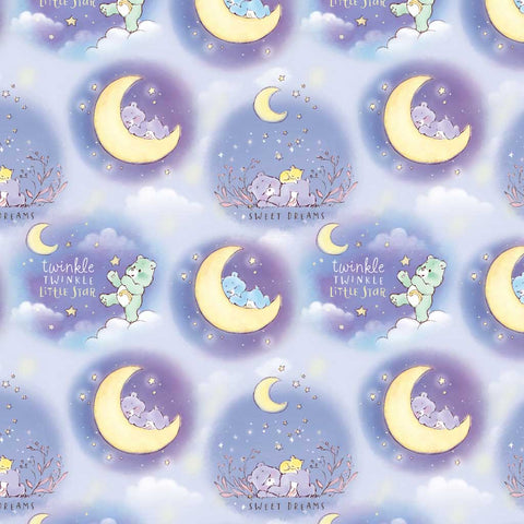 Pattern of Care Bears on moons and stars with text on a blue background