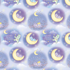 Pattern of Care Bears on moons and stars with text on a blue background
