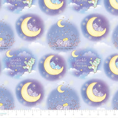 Pattern of Care Bears on moons and stars with text on a blue background with ruler