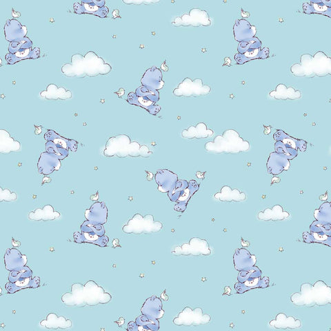 Pattern of Care Bears with clouds, stars, and birds on an aqua background