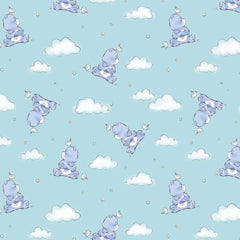 Pattern of Care Bears with clouds, stars, and birds on an aqua background