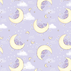 Pattern of Care Bears sleeping on moons with stars, clouds, and text 'sweet dreams' and 'good night' on a light purple background