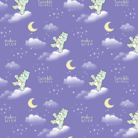 Pattern of Care Bears on clouds with stars, moons, and text 'twinkle, twinkle' and 'make a wish' on a purple background