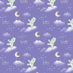 Pattern of Care Bears on clouds with stars, moons, and text 'twinkle, twinkle' and 'make a wish' on a purple background
