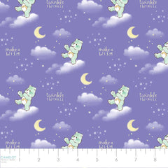 Pattern of Care Bears on clouds with stars, moons, and text 'twinkle, twinkle' and 'make a wish' on a purple background with ruler