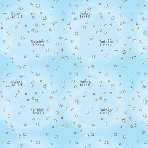 Pattern of stars and text 'twinkle, twinkle' and 'make a wish' on a light blue background
