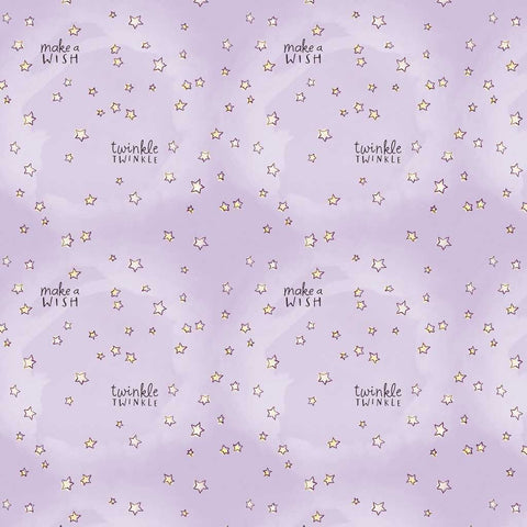 Pattern of stars and text 'twinkle, twinkle' and 'make a wish' on a light purple background