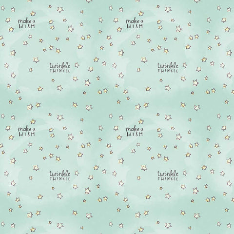 Pattern of stars and text 'twinkle, twinkle' and 'make a wish' on a light green background
