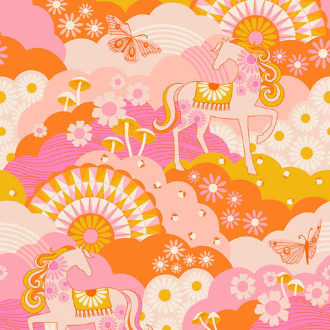 Colorful pattern with horses, flowers, mushrooms, and butterflies