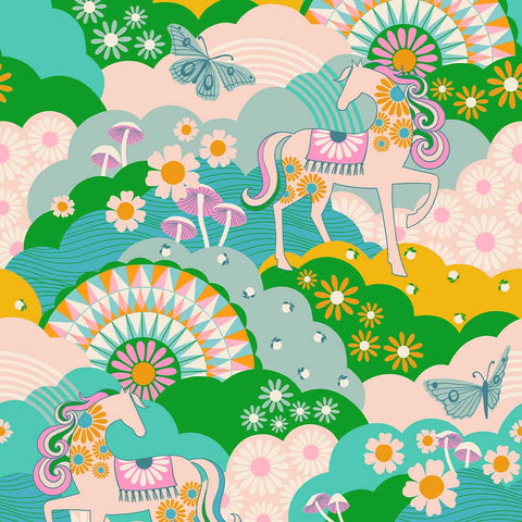 Colorful pattern with horses, flowers, mushrooms, and butterflies