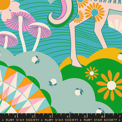 Colorful pattern with horses, flowers, mushrooms, and butterflies with ruler