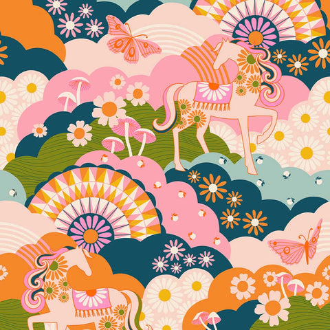 Colorful pattern with horses, flowers, mushrooms, and butterflies