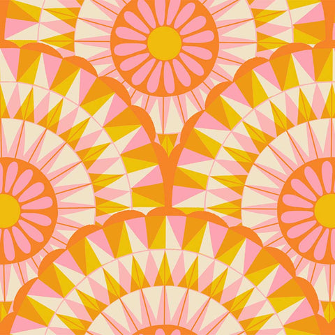 Pattern of orange, pink, and white flowers in geometric circles