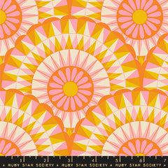 Pattern of orange, pink, and white flowers in geometric circles with ruler