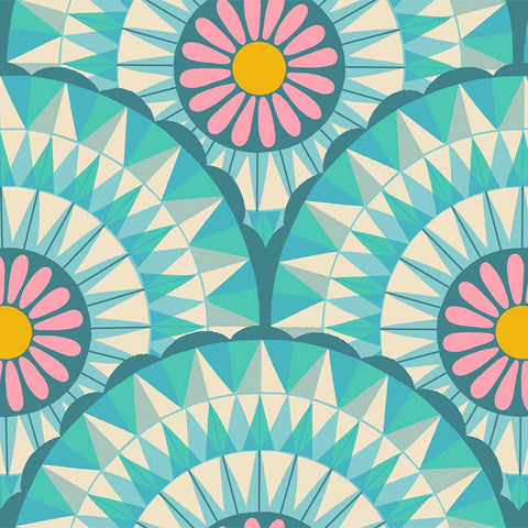 Pattern of blue and pink flowers in geometric circles