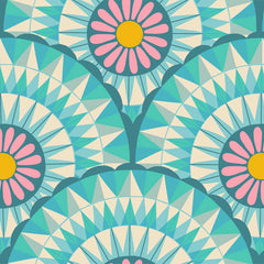 Pattern of blue and pink flowers in geometric circles