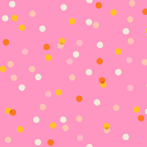 Pattern of colorful dots on a pink background