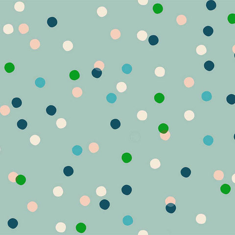Pattern of colorful dots on a light blue background