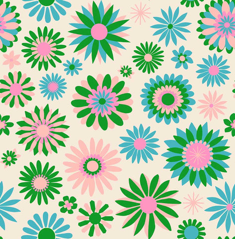 Pattern of green, blue, pink, and white flowers on an off-white background