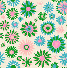 Pattern of green, blue, pink, and white flowers on an off-white background