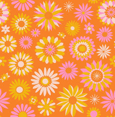 Pattern of yellow, pink, and white flowers on an orange background