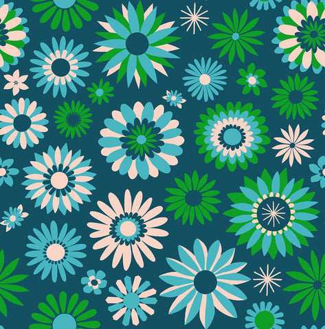 Pattern of blue, green, and white flowers on a blue background