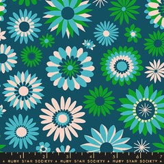 Pattern of blue, green, and white flowers on a blue background with ruler