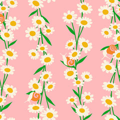 Pattern of white daisies with yellow centers and snails on a pink background