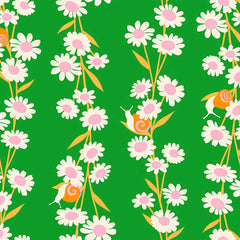 Pattern of white daisies with pink centers and snails on a green background