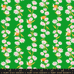 Pattern of white daisies with pink centers and snails on a green background with ruler