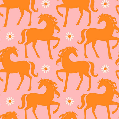 Pattern of orange horses and white flowers on a pink background