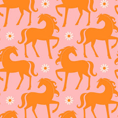 Pattern of orange horses and white flowers on a pink background