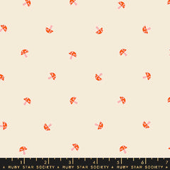 Pattern of small mushrooms on an off-white background with ruler
