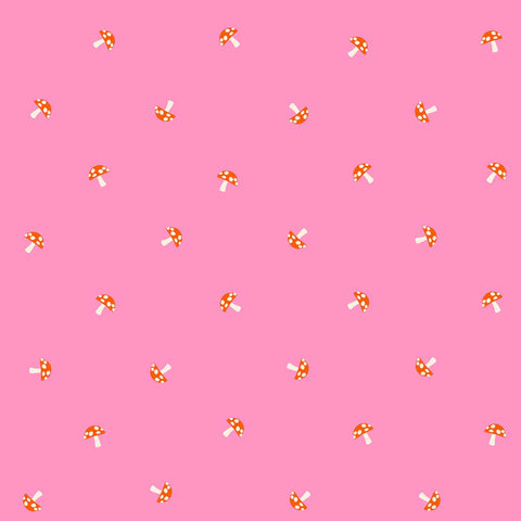Pattern of small mushrooms on a pink background
