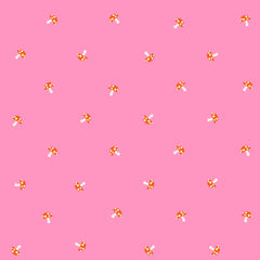 Pattern of small mushrooms on a pink background