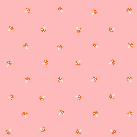 Pattern of small mushrooms on a pink background