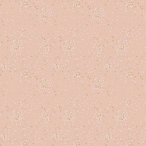 Pattern of small white and yellow metallic clusters of dots on a light pink background