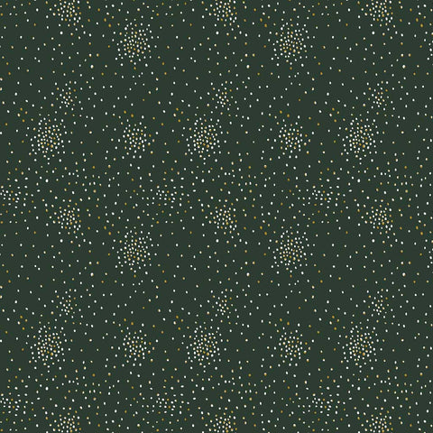 Pattern of small white and yellow metallic clusters of dots on a dark green background