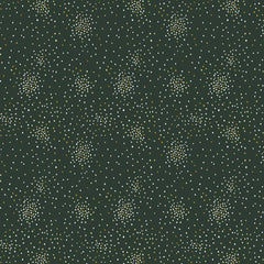 Pattern of small white and yellow metallic clusters of dots on a dark green background