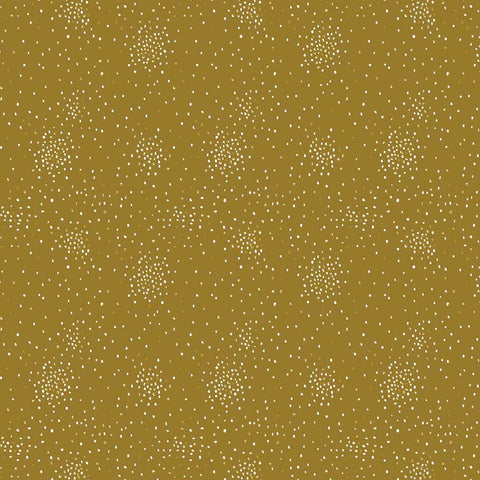 Pattern of small white and yellow metallic clusters of dots on a dark yellow background