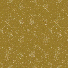 Pattern of small white and yellow metallic clusters of dots on a dark yellow background