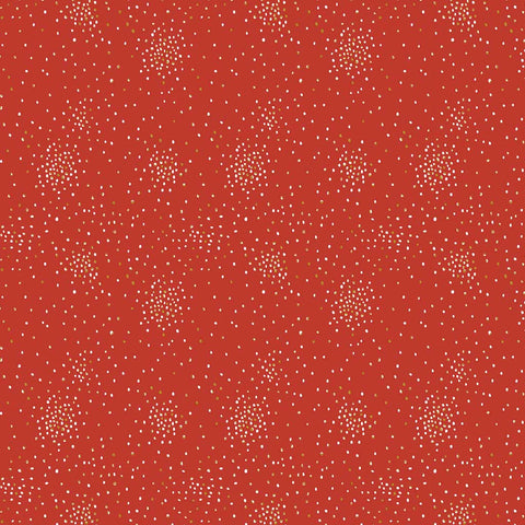 Pattern of small white and yellow metallic clusters of dots on a red background