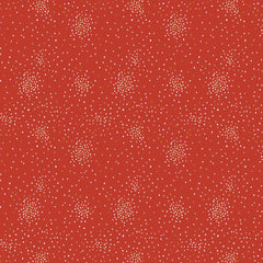Pattern of small white and yellow metallic clusters of dots on a red background