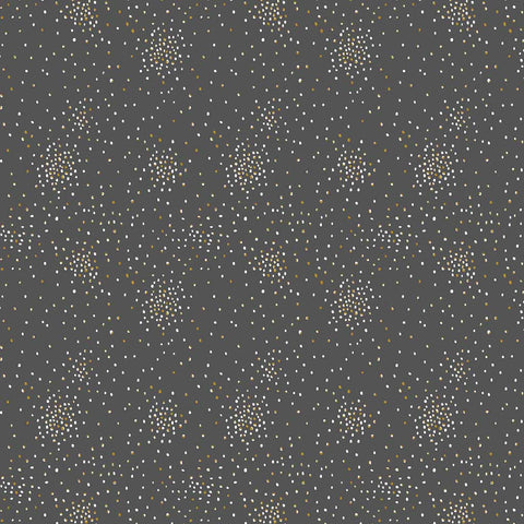 Pattern of small white and yellow metallic clusters of dots on a dark gray background